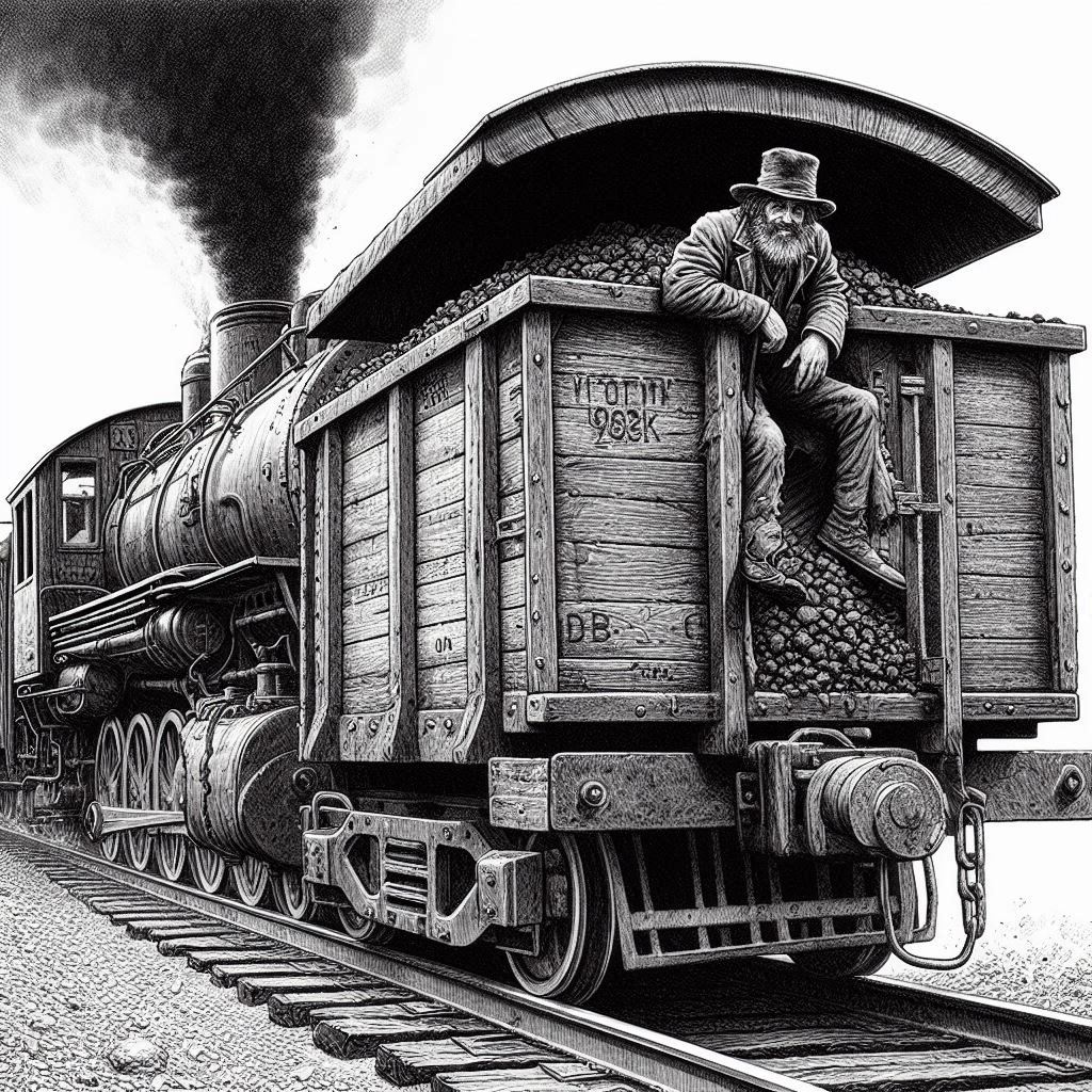 hobo vykukující z vagonu na uhlí bez střechy velké parní lokomotivy doc jiskry  style realistic  black and white fine line drawing