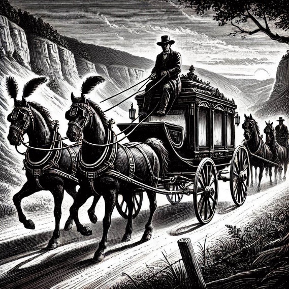 A hearse with a cowboy on a horse-drawn carriage. The horses have black plumes on their heads. It drives through a valley on a dirt road. Night.   year 1780   style realistic  black and white fine line drawing