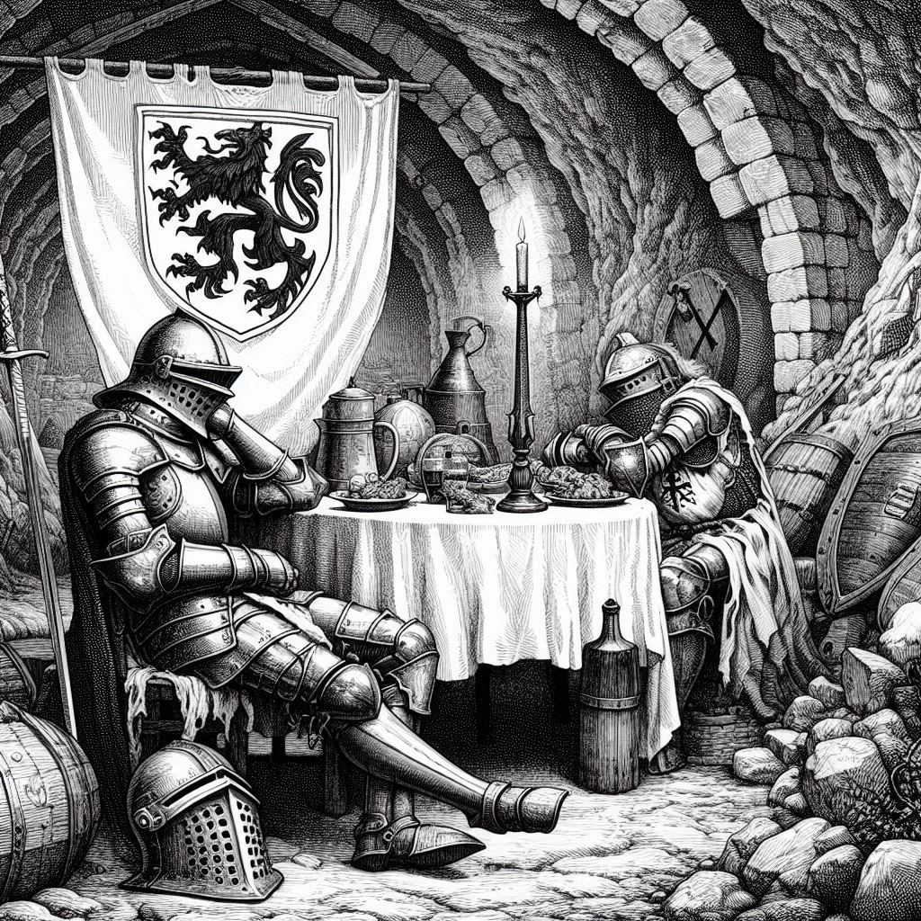 knights in armor with very  old Bohemia coat of arms  sleeping at a table in the cave of Blaník, Bohemia   style realistic  black and white fine line drawing