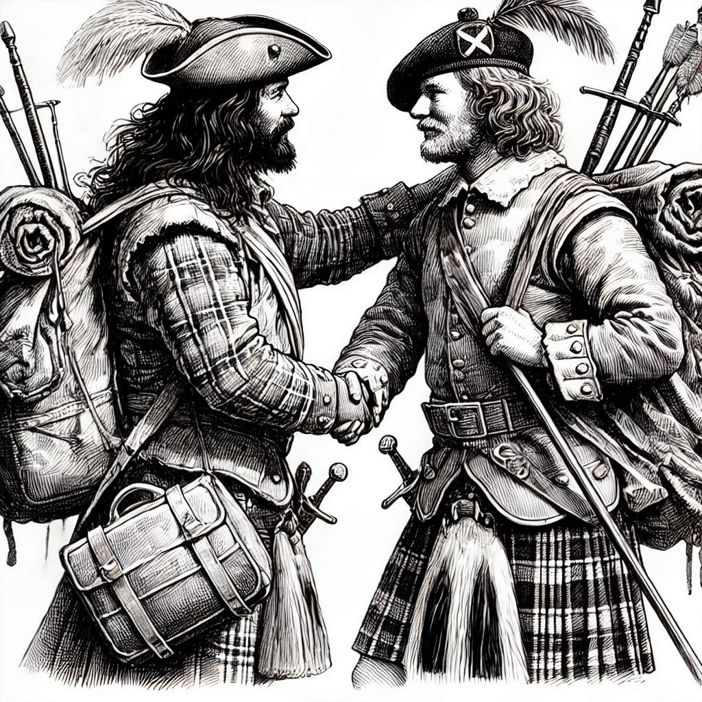 dva loučící se skotští vojáci   rok 1670  style realistic  black and white fine line drawing