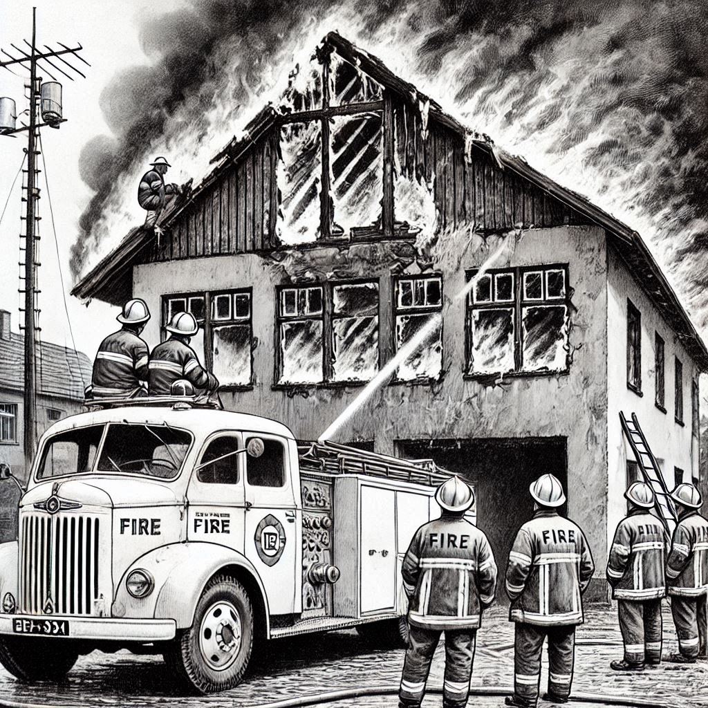 Firefighters at the fire truck watching the burning little fire station, Bohemia, 1960   style realistic  black and white fine line drawing