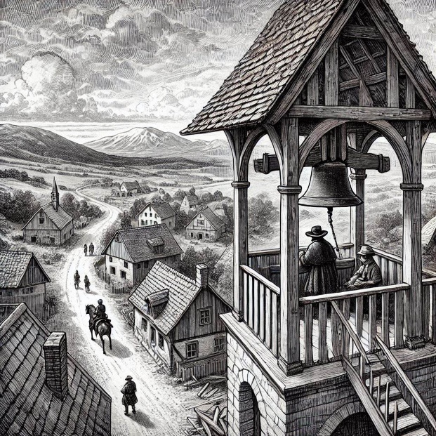 interior of the upper floor of the small village bell tower, outside a cowboy is seen arriving on the road   year 1880   style realistic  black and white fine line drawing
