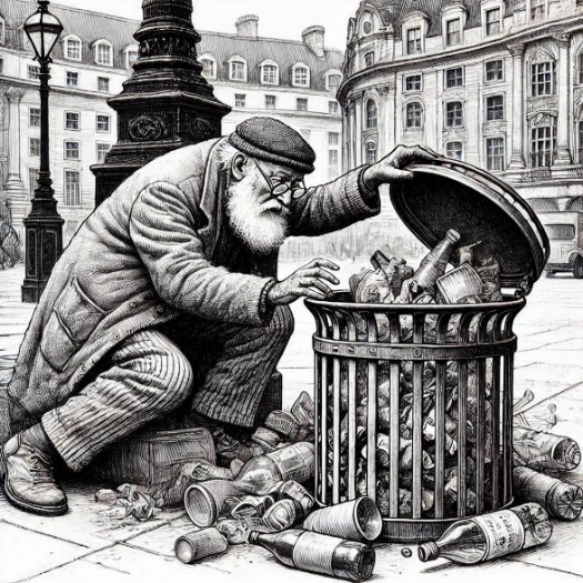 very old man overturning a trash can, Piccadilly London year 1980   style realistic  black and white fine line drawing