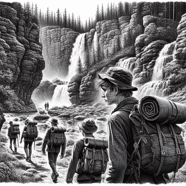 The young  tramps follow each other through the little  valley in Bohemia, past rocks and waterfalls  year 1980    style realistic  black and white fine line drawing
