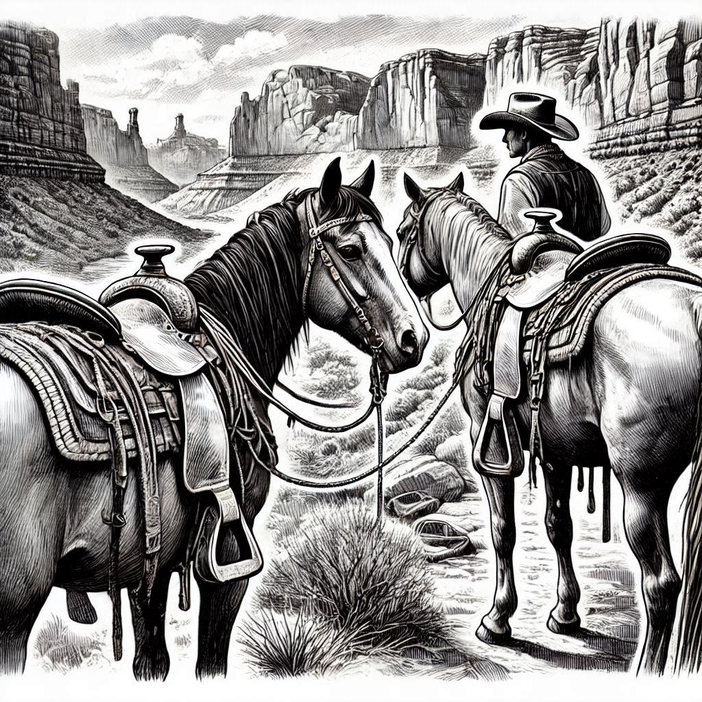  dva koně s prázdnými sedly  v pozadí kovbojové  colorado kaňon  style realistic  black and white fine line drawing
